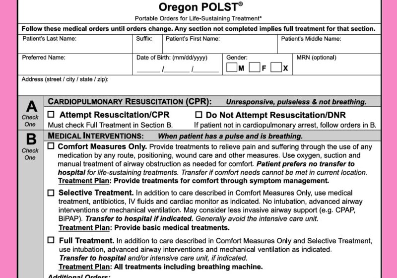 preview of Oregon state POLST form