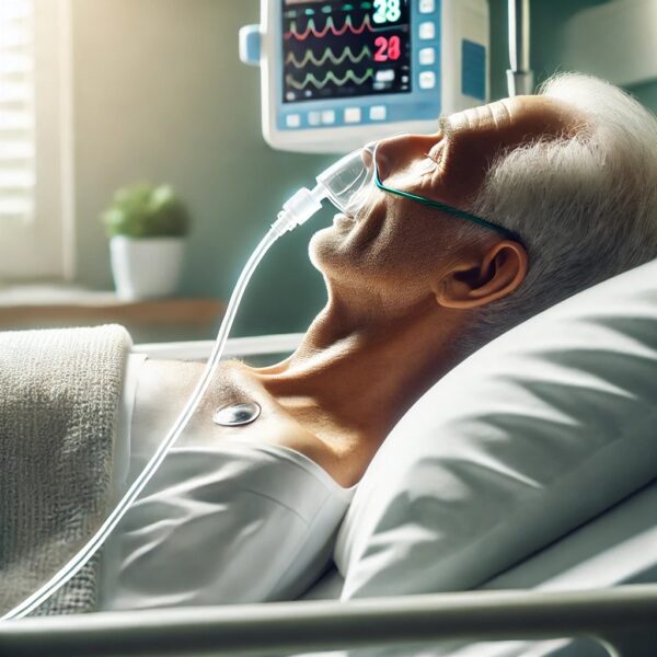 old man lying in hospital bed with oxygen mask